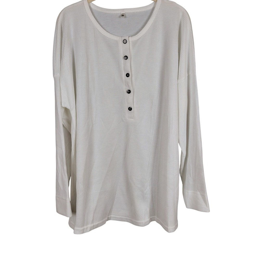 Womens 2XL Henley Waffle Knit Top White Polyester Gorpcore Minimalist